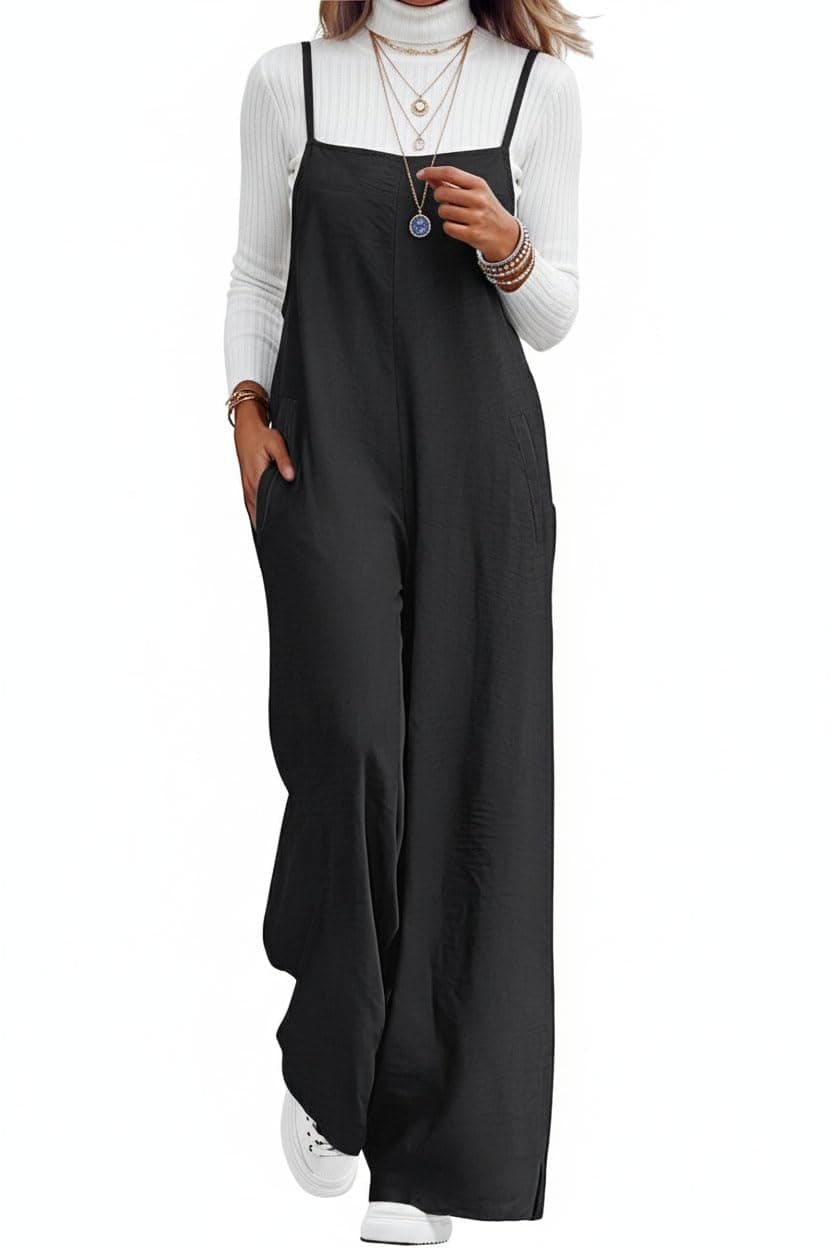 Lepunuo Womens Casual Loose Jumpsuits Summer Boho Wide Leg Rompers Sleeveless Overalls with Pockets A - Black Large