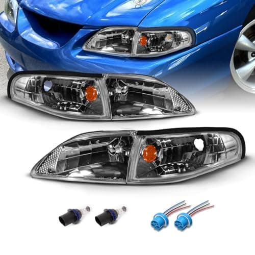 AmeriLite for 1994-1998 Ford Mustang Gun-Metal Replacement Headlights Corner Turn Signal Set - Passenger and Driver Side