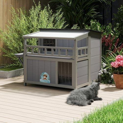 Outdoor Cat House, 2-Tier Warm Wood Cat Shelter with Sunlight Roof, Balcony, Jumping Platforms, Kitty Pet Porch Enclosure, Weatherproof, Openable, Gray