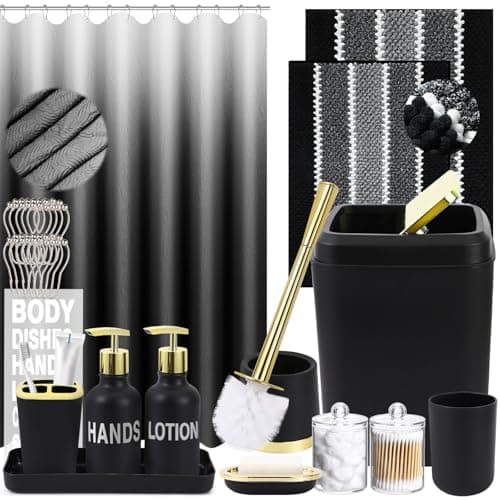 XLHOMO 25PCS Black Bathroom Accessories Sets Complete, with Shower Curtain, Rugs, Trash Can and Toilet Brush, Soap Dispenser, Toothbrush Holder and Cup, Soap Dish, Qtip Holder, Bathroom Decor Sets