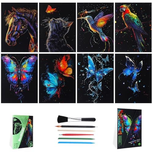 Gersoniel 8 Pack Glow in The Dark Scratch Art for Adult Rainbow Painting Paper Sheet with Pen/Cleaning Brush Noctilucent Engraving Scratchboard for Adults Gift Craft for Gift, Stress Relief