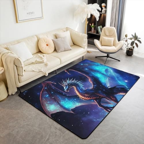 Erosebridal Blue Lightning Dragon Area Rug 3x5 Magical Animal Rug for Teens Fantasy Mysterious Wildlife Carpet Cartoon Starry Sky Nebula Washable Decorative Rug for Bedside