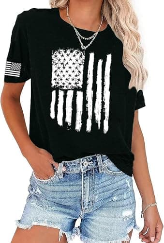 American Flag Patriotic T-Shirt for Women 4th of July Shirts Graphic Tees USA Flag Short Sleeve Shirt Tops(Black-4,M)