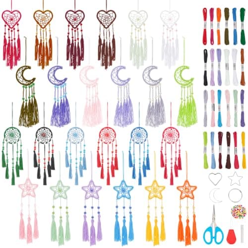 INFUNLY 24PCS DIY Small Dream Catcher Kits for Beginners Colorful Handmade Dreamcatcher Kit for Starters DIY Mini Star/Moon/Heart/Round Shape Ornament Making Kit for Bedroom Car Mirror Keychain Bag