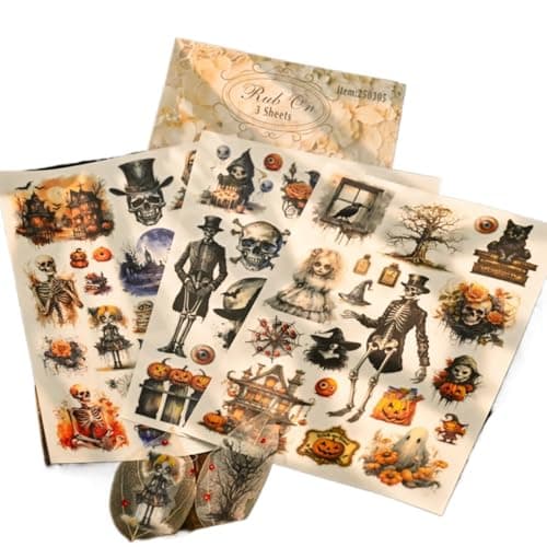 Halloween Rub On Transfer Stickers, 3 Sheets, Vintage Gothic Designs with Skeletons, Pumpkins and Haunted Houses