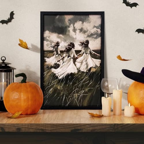 Xizondidi Halloween Wall Decor,Gothic Art Print Poster,Victorian Gothic Wiccan Artwork,Decorative Three Women Art Painting with Wooden Fram for Home Bedroom Living Room Decor