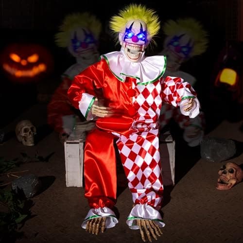 Halloween Animatronic Sitting Clown Decoration–Sound Activated Creepy Clown Prop with Shaking Body, Glowing Eyes & Scary Voice–Indoor/Outdoor Halloween Decor for Yard, Haunted House, Party (48")