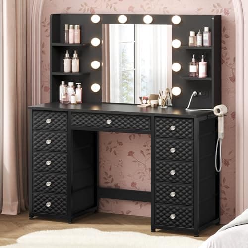 HAUOMS Vanity with Lights and Mirror, 11 Drawer Makeup Vanity with Power Strip, 6 Open Shelves, 43.3” Vanity Desk with Storage, Dressing Table with 3 Color Modes for Bedroom, Women, Girls, Black