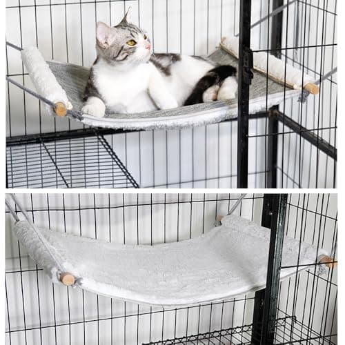 Reversible Cat Hammock for Cage Hanging, Soft Sleeping Bed for Kittens and Small Pets, Features Hardwood Spreader Bars, Portable Hammock can be Tied Between Trees or Posts (Grey+White, Medium)