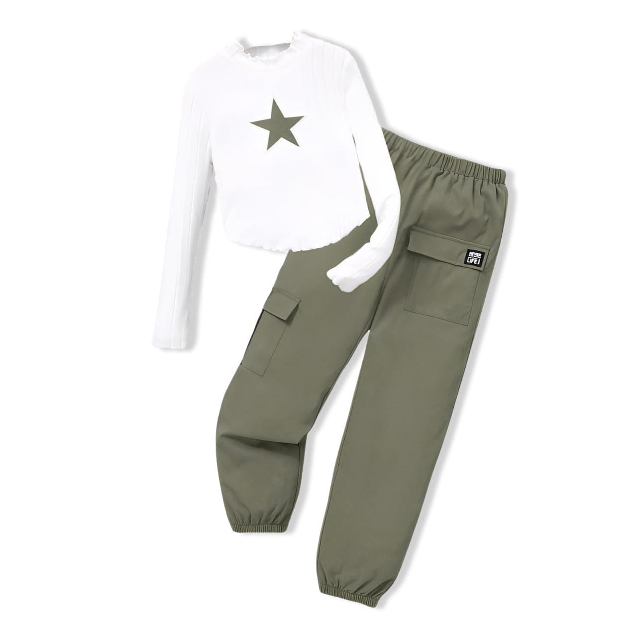 Girls Clothes 2 Piece Outfit Long Sleeve Crop Top + Cargo Pants, Tween Fall Clothing Set, Sizes 5-15 Years Green 9-10 Years