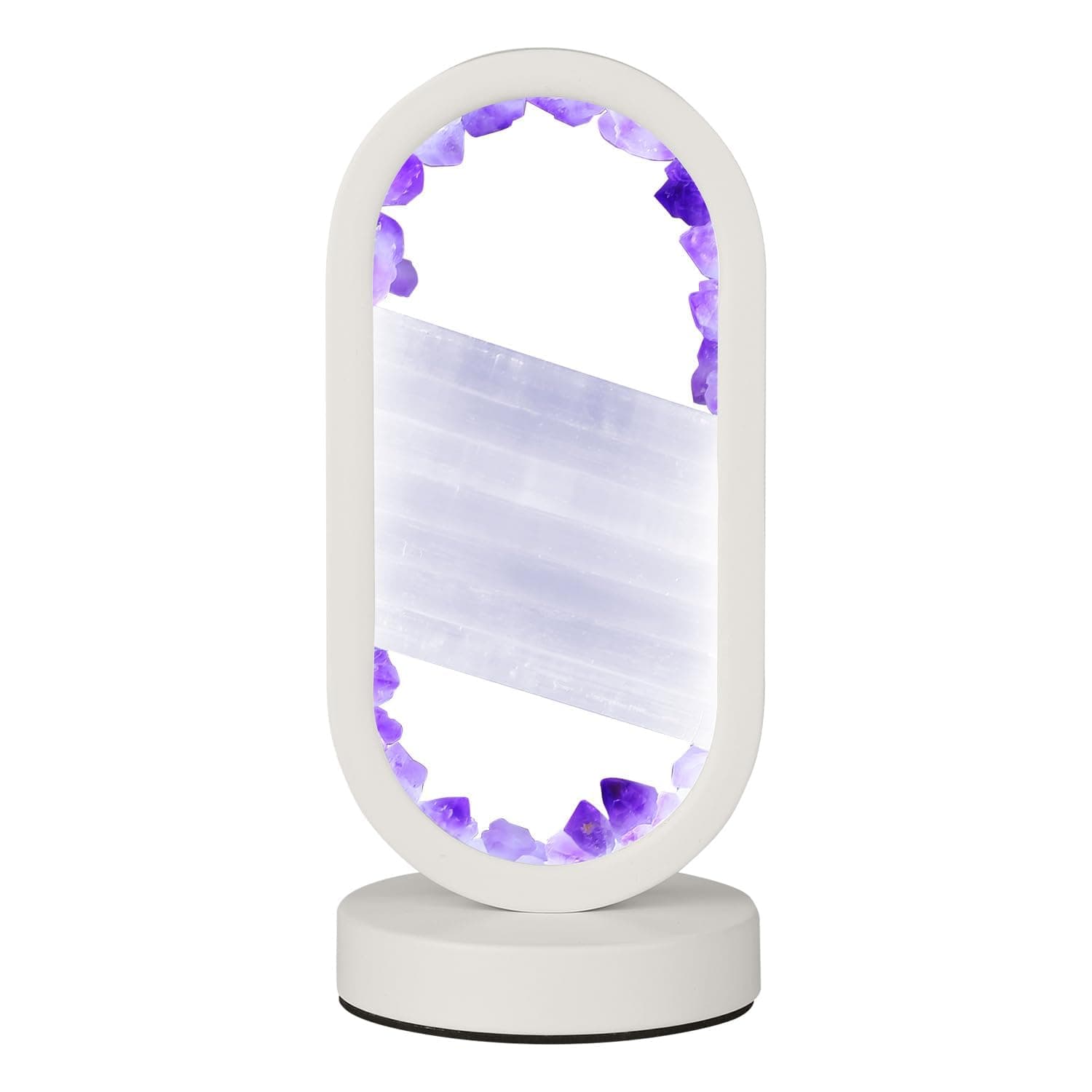 GC QUILL Natural Amethyst and Selenite Crystal Healing Night Table Lamp –3-Color Dimmable Mood Lighting for Meditation Relaxation and Restful Sleep, Purple Crystal Bedroom Decor (White)