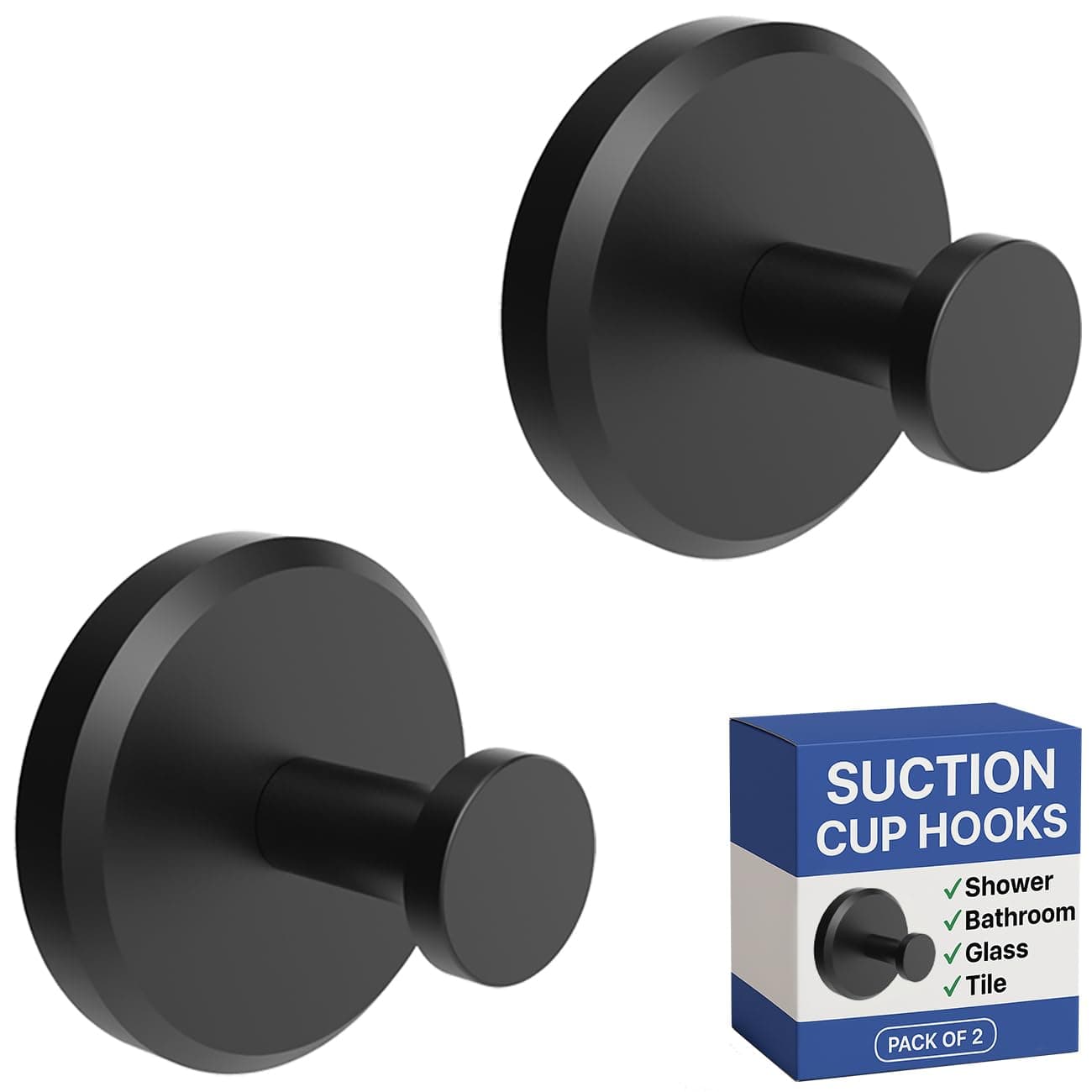 HOME SO Suction Cup Hooks for Shower, Bathroom, Kitchen, Glass Door, Mirror, Tile – Loofah, Towel, Coat, Bath Robe Hook Holder for Hanging up to 15 lbs – Waterproof & Rustproof, Matte Black (2-Pack) Matte Black 2