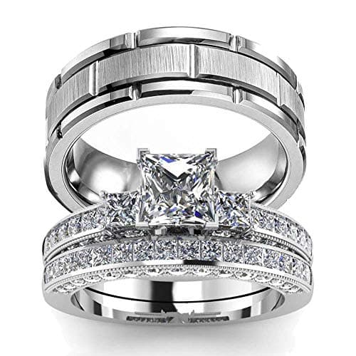 TWO RINGS Wedding Ring Sets His And Hers Promise Ring Couples Bridal Sets Women 925 Sterling Silver square Cz Man Stainless Steel Brushed Finished Wedding Bands