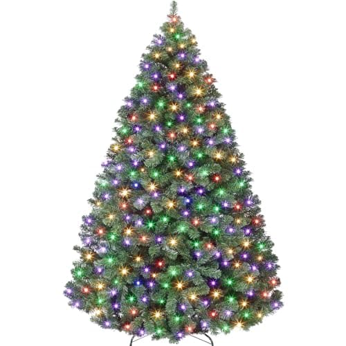 7.5ft Prelit Christmas Tree - Fluffy Fraser Fir with 600 Multicolor Lights & 9 Modes, Hinged Branches & 1300 Tips, Artificial Christmas Tree Includes Stand with Foot Switch for Holiday Home Decor