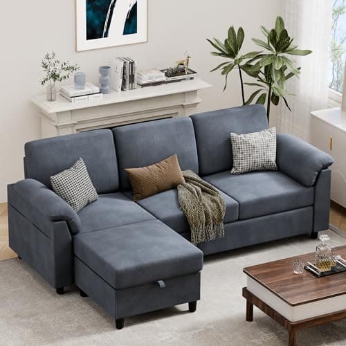 Vongrasig 79" Convertible Sectional Couches Sofa with Storage Ottoman, 3 Seat L Shaped Couch with Side Storage Pockage, Linen Fabric Small Couches for Living Room, Apartment and Small Space, Grey