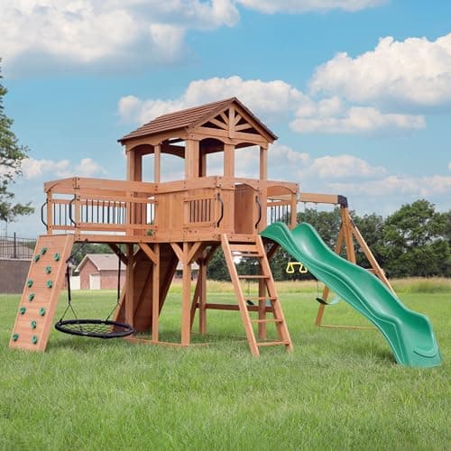 Backyard Discovery Sterling Point Cedar Wood Swing Set with Wave Slide, Raised Clubhouse, Wooden Bridge, Rock Wall, Belt Swings, Web Swing, Trapeze, Balcony, Climbing Wall, Ladder, Outdoor Playset