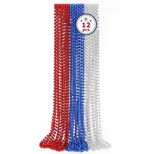 EOBOH 4th of July Party Favors, 12PCS Independence Day Necklaces Bulk, Fourth of July Red Blue Silver Beads Necklace, Patriotic Beads Bulk for Parade Party Celebration Favors Decorations