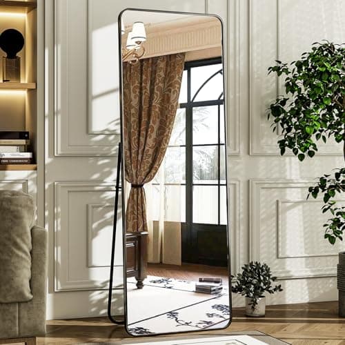 HARRITPURE 56" x 21" Rounded Full Length Mirror Aluminum Frame Black Mirror Full Length Floor Mirror with Stand for Living Room Bedroom Cloakroom