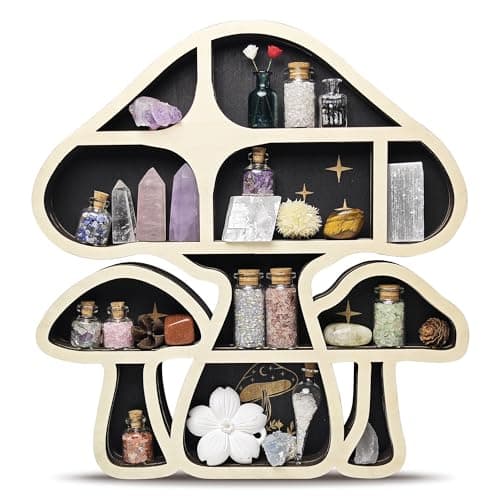 FNYDOX Wooden Mushroom Floating Shelves, Crystal Display Shelf for Wall, Cute Mushroom Wall Decor, Rock Gem Stone Storage Organizer, Essential Oil Holder Hanging Case, Meditation Art Spiritual Gift