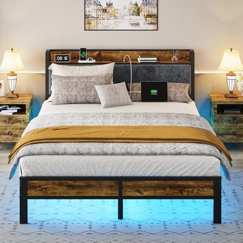 Liians Queen Bed Frame with Headboard, Metal Platform Bed with Smart LED Lights and USB Charging Station, Easy Assembly, No Box Spring Needed
