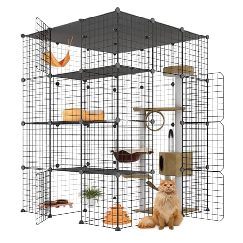 Eiiel Large Cat Cage, Enclosures Indoor with Balcony, DIY Playpen Detachable Metal Wire Kennels Crate 3x3x4 Large Exercise Place Ideal for 1-3 Cats