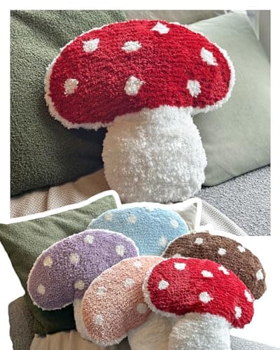 Dreamstall Mushroom Throw Pillow Tufted Shape Decorative Cushion 15” x 15” – Decor for Bed, Couch, Living Room (Red)