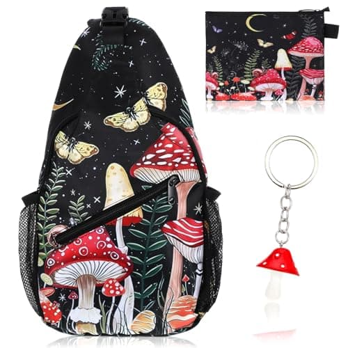 cobee 3 Pcs Mushroom Sling Backpack Set, Adjustable Crossbody Shoulder Bag Multi-pocket Chest Bag with Mushroom Purse Keychain for Men Women, Travel, Hiking, Casual Sport, Climbing, Runners