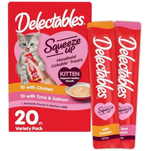 Delectables Squeeze Up Kitten Variety Pack, Creamy Squeezable Puree, Lickable Wet Cat Treats, Grain Free, No Added Fillers, No by-Products, No Added Preservatives, 0.5 Ounces Tube, 20 Tubes Total