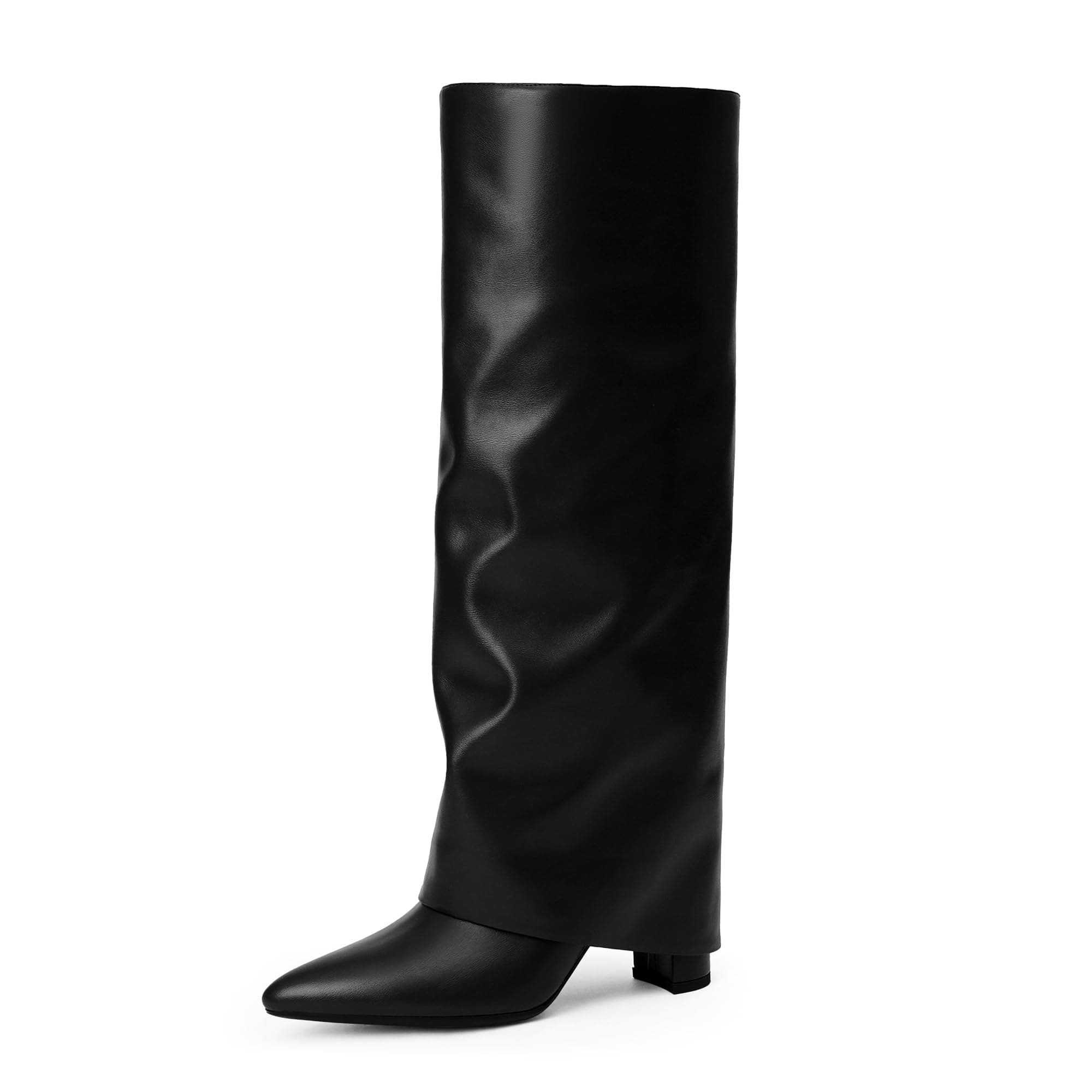 Modatope Knee High Boots Women Fold Over Knee High Boots Chunky High Heels Long Boots Zipper Pointed Toe Dress Tall Boots for Women 7 Black Pu