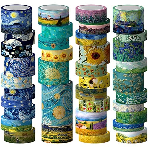 Geesinimo Washi Tape Set, 36 Rolls Van Gogh Vintage Gold Washy Tape, Wide Decorative Tape for Journaling, Scrapbooking Supplies,Vision Board Supplies, 6 Sizes Craft Watercolor Tape