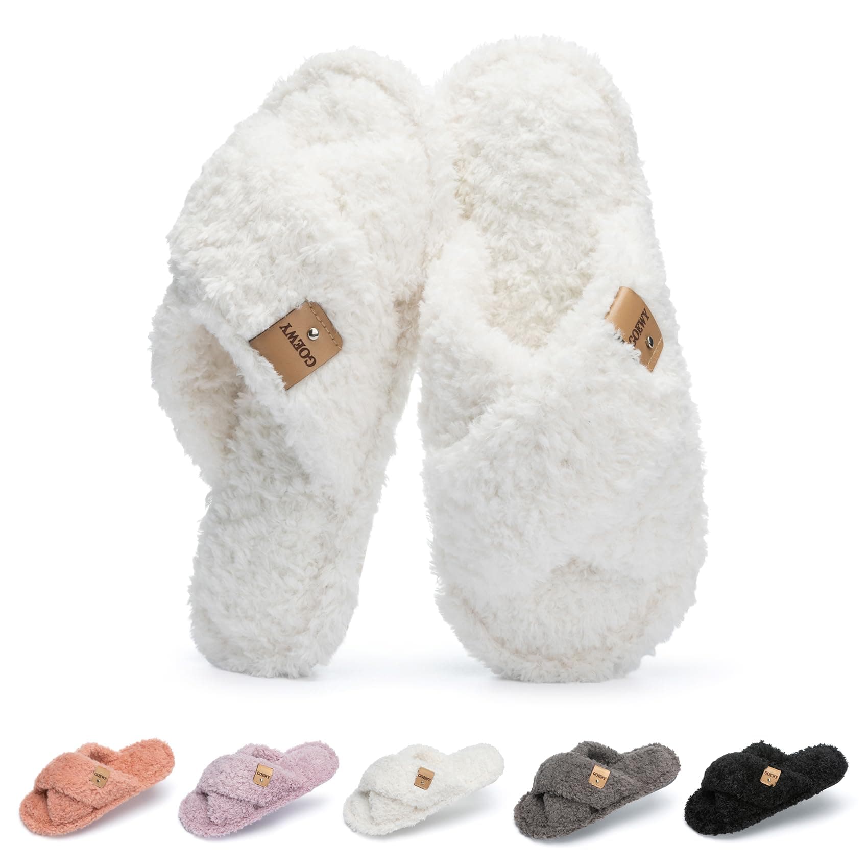 Fuzzy Open Toe Slippers for Women Indoor and Outdoor with Memory Foam Cozy Cross Band Women's Slipper Cute Soft House Shoes Slip On Gifts for Womens Mom Her Ladies Bridesmaid White 7-8