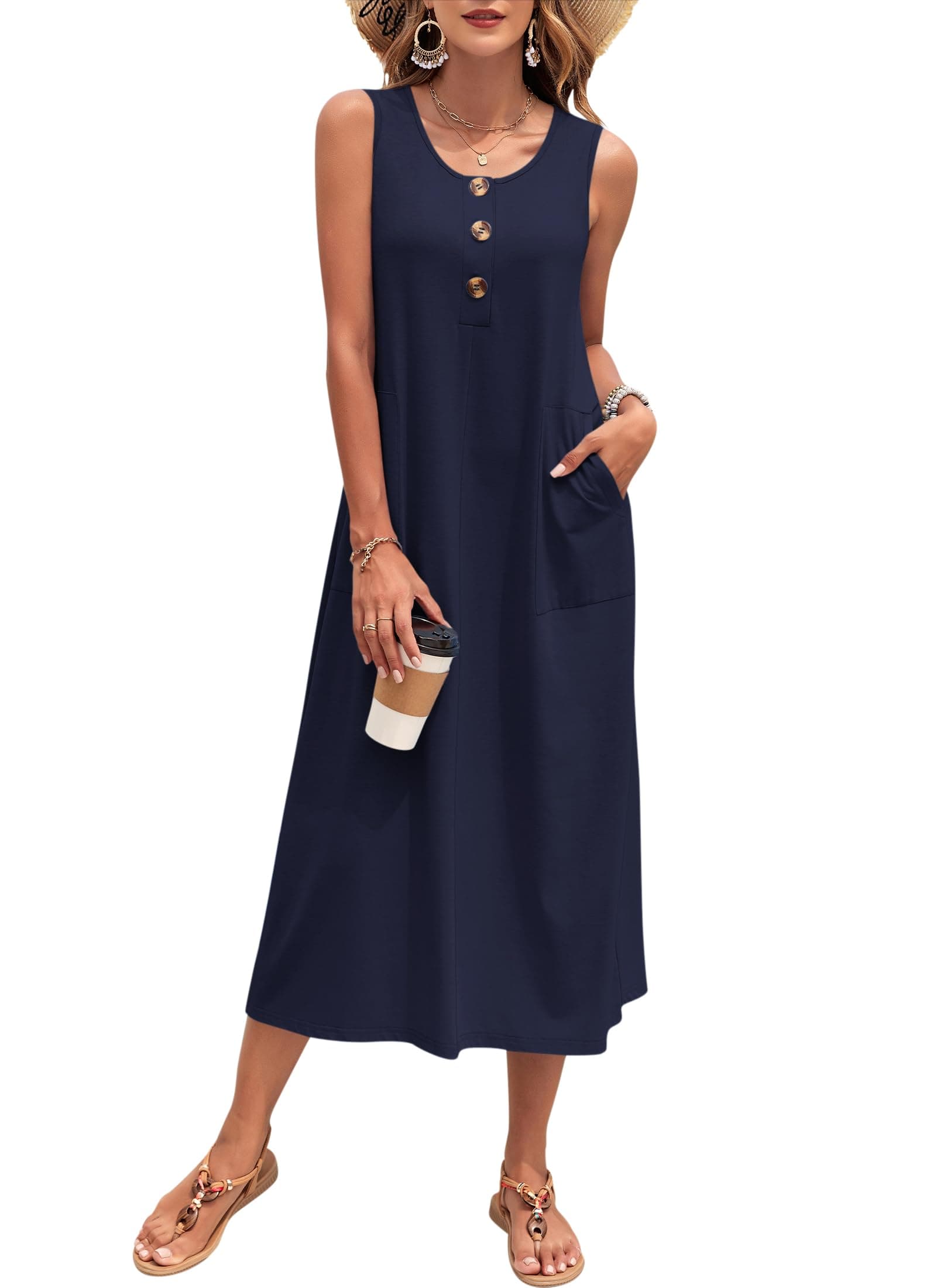 MOLERANI Women's Summer Maxi Dress 2025 Sleeveless Button Down Casual Loose Long Beach Sundress Travel Vacation Outfits Medium Navy Blue
