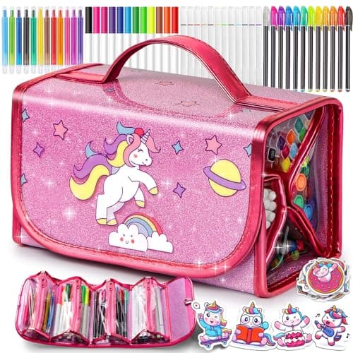 beefunni Unicorn Washable Markers Set 48 pcs with Glitte Pencil Case, Art Supplies for Kids Ages 4-6-8, Arts Crafts Coloring Set with Stickers - Birthday Gifts for Girls 4 5 6 7 8 9 Year Old