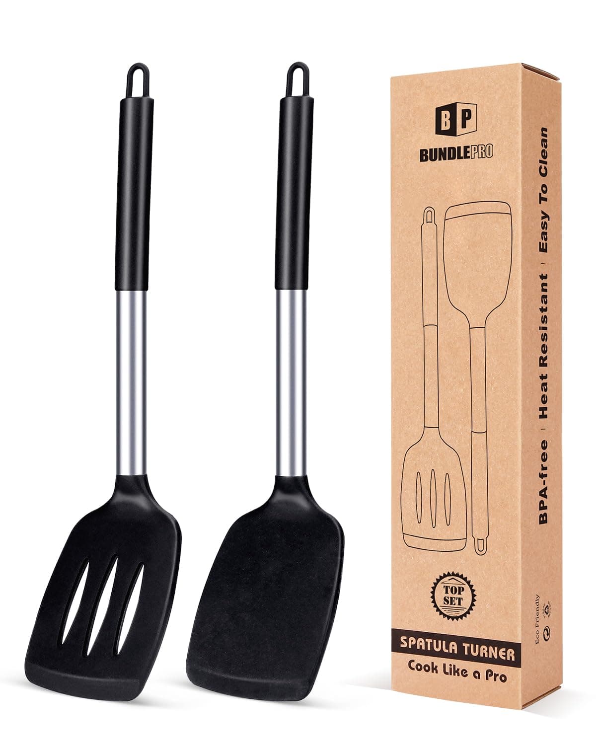 Pack ng 2 Silicone Solid Turner, Non Stick Slotted Kitchen Spatulas, High Heat Resistant BPA Free Cooking Utensils, Ideal Cookware para sa Isda, Itlog, Pancakes (Itim)