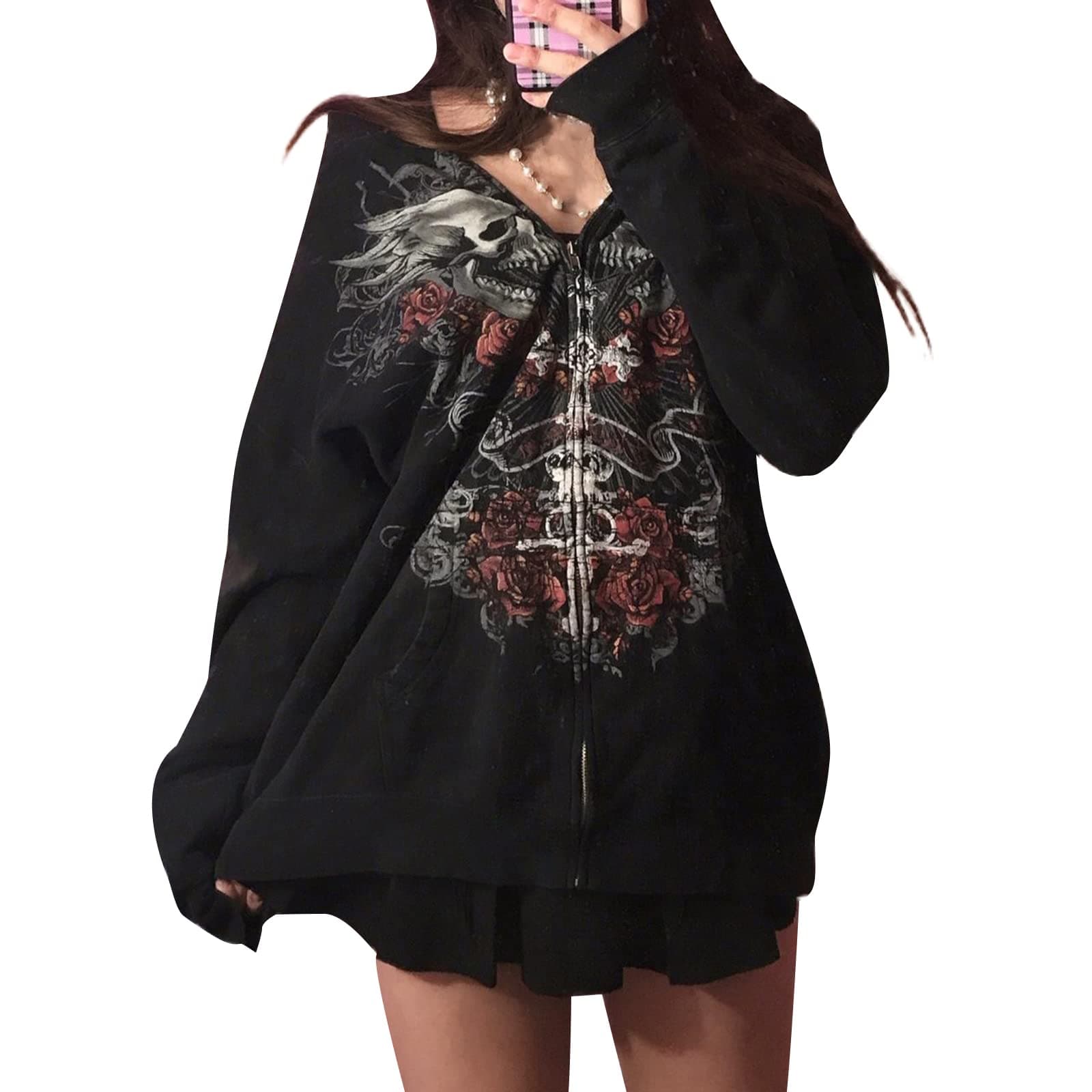 Women Y2K Skull Hoodie Graphic Zip Up Grunge Aesthetic Hoodies Casual Vintage Oversized Sweatshirt Harajuku Jacket Medium C Black
