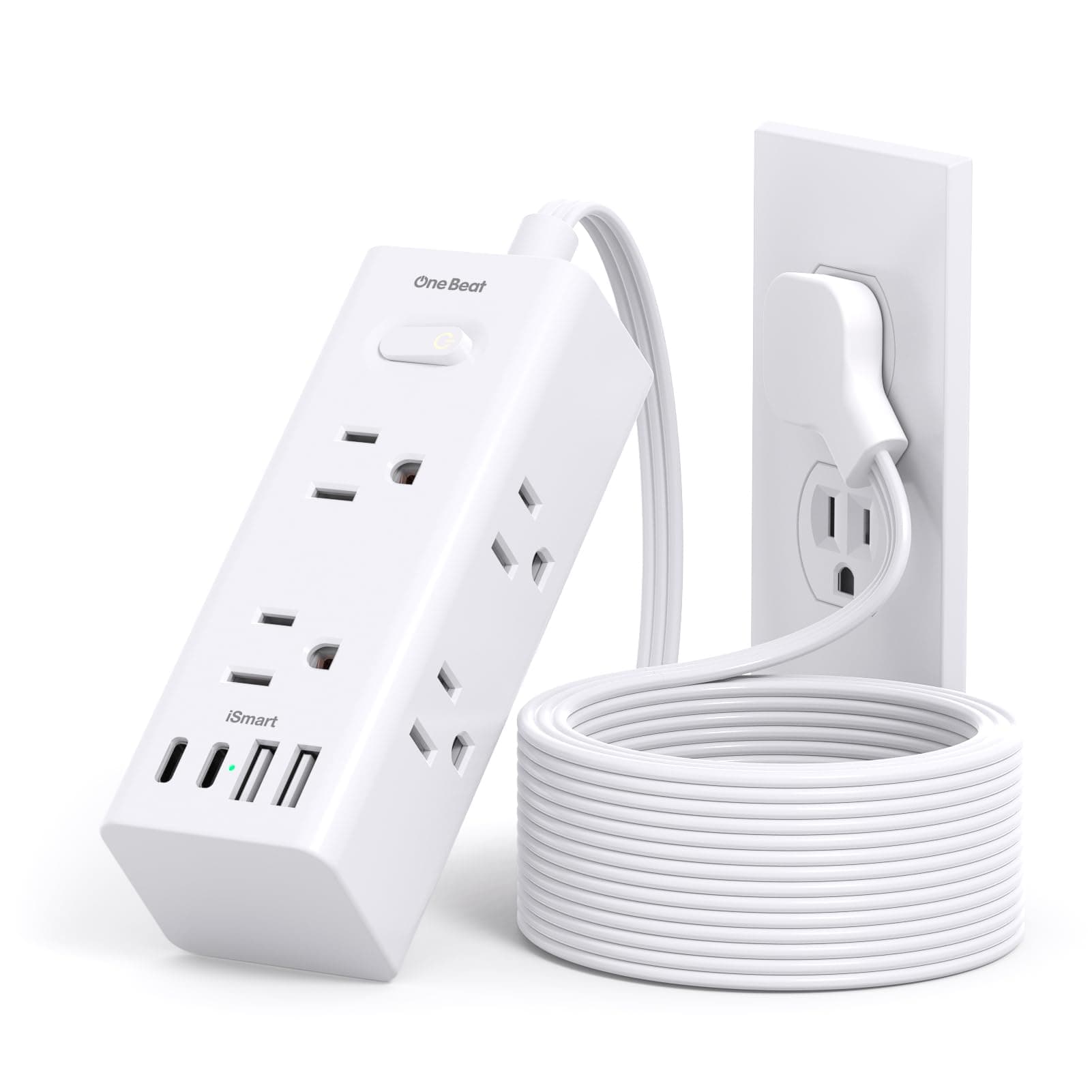 One Beat 10Ft Extension Cord with Multiple Outlets,Flat Plug Power Strip Surge Protector with 10 Ft Long Cord,6 Outlet 4 USB Ports (2USB C),Multi Outlet Wall Plug for Travel,College,Dorm Essentials White 10FT