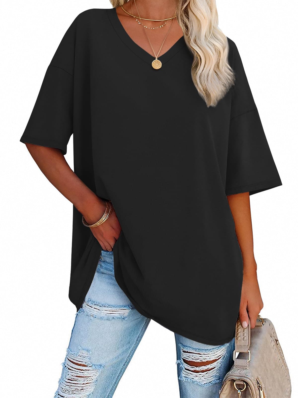 ATHMILE Womens Summer Oversized Shirts V Neck Plus Size Spring Workout Tops Beach Vacation 2025 Gym Clothes XX-Large Black