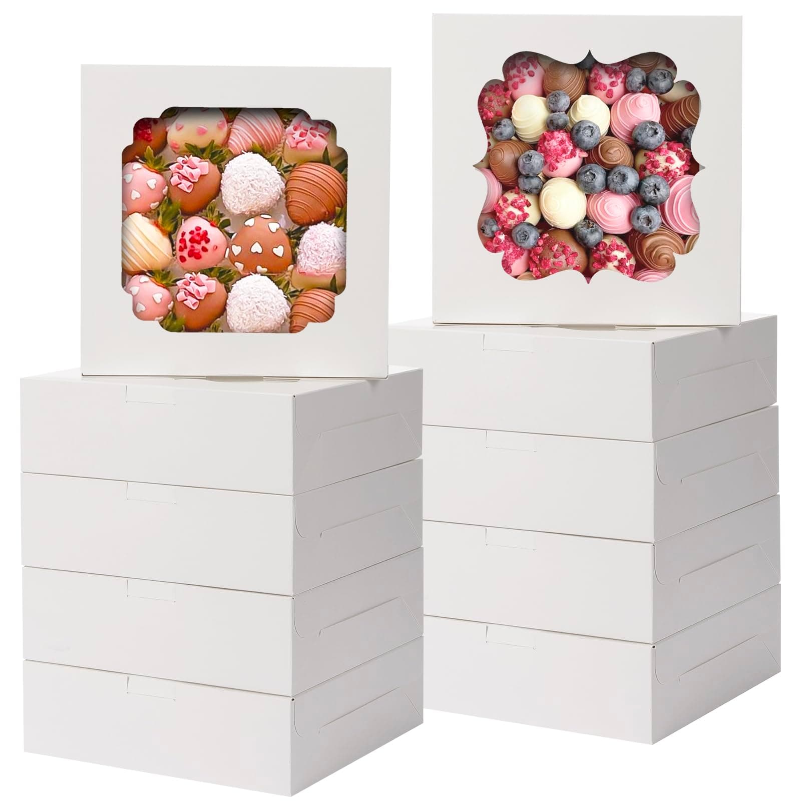 TOMNK 60pcs Cookie Boxes, 8x8x2.5 Inches Bakery Boxes with 2 Style Windows for Chocolate Strawberries, Pie, Pastry, Dessert, Cake