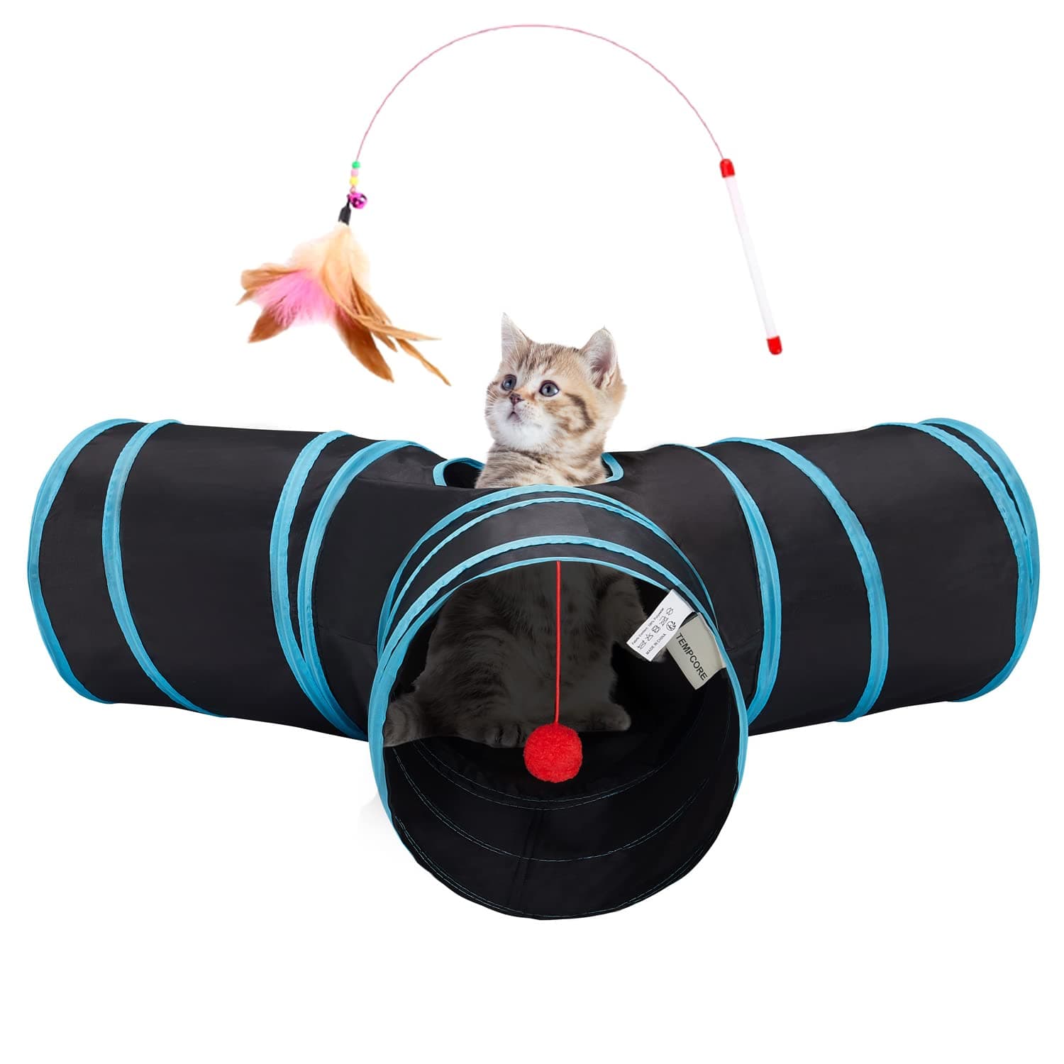 Tempcore Pet Cat Tunnel Tube Cat Toys 3 Way Collapsible, Tunnels for Indoor Cats,Kitty Bored Peek Hole Toy Ball Cat, Puppy, Kitty, Kitten, Rabbit 3-Way 3-Way Blue