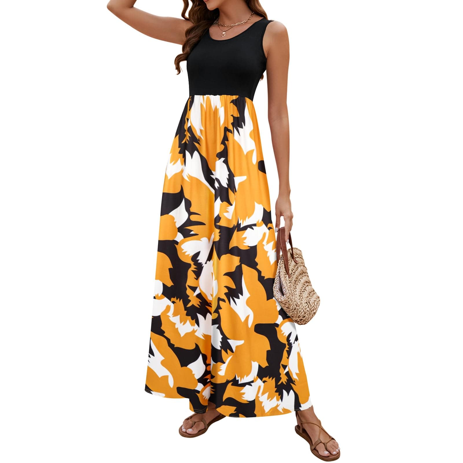 Sherosa Women Boho Chevron Striped Floral Printed Summer Sleeveless Tank Long Maxi Party Dress Medium Black Brown Yellow