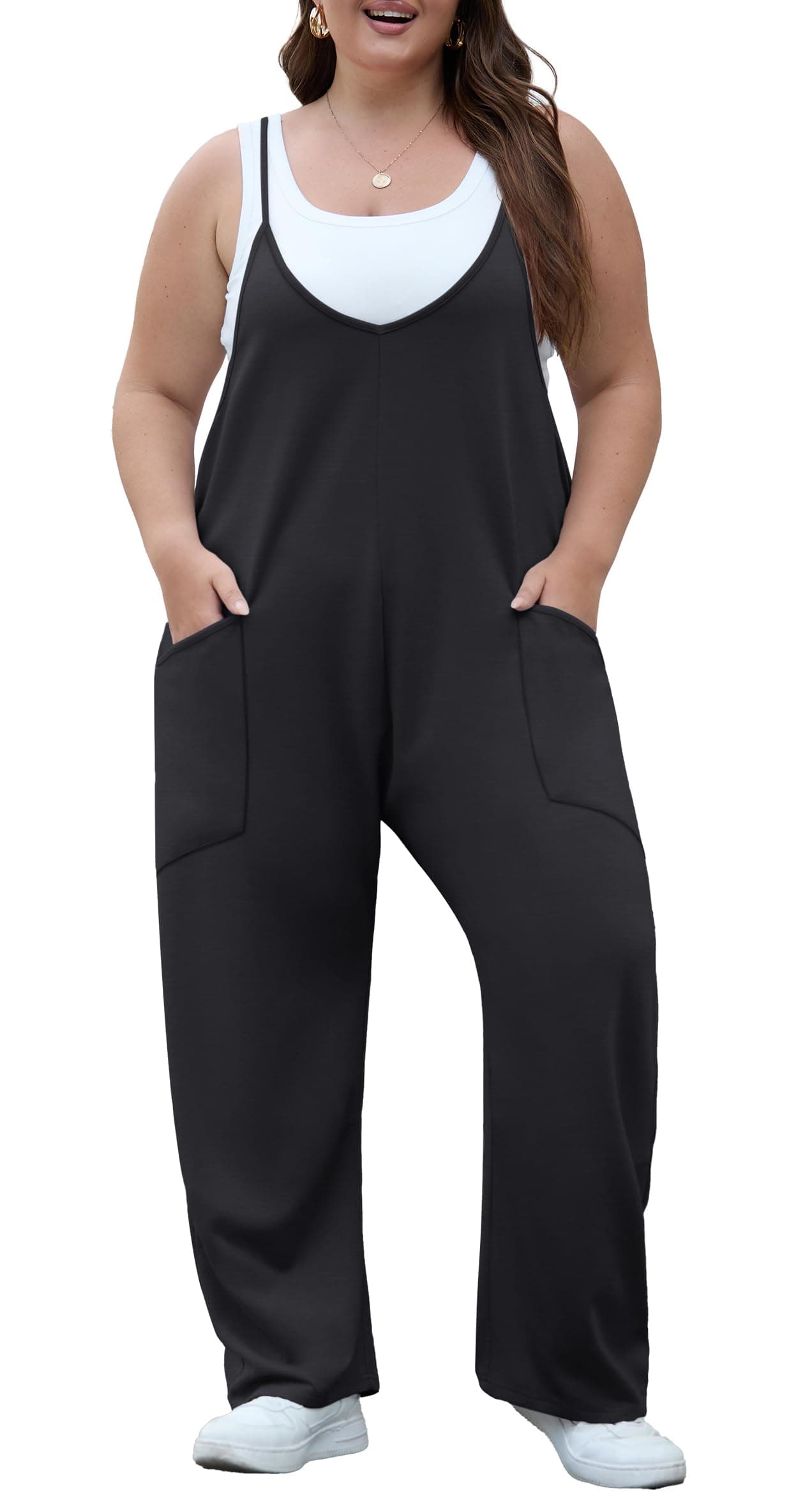 OLRIK Mujeres Tallas Grandes Overoles con Tirantes Ajustables Mono Elástico Suelto y Cómodo con Bolsillo Outfits de Primavera Verano 2026 Negro 3X