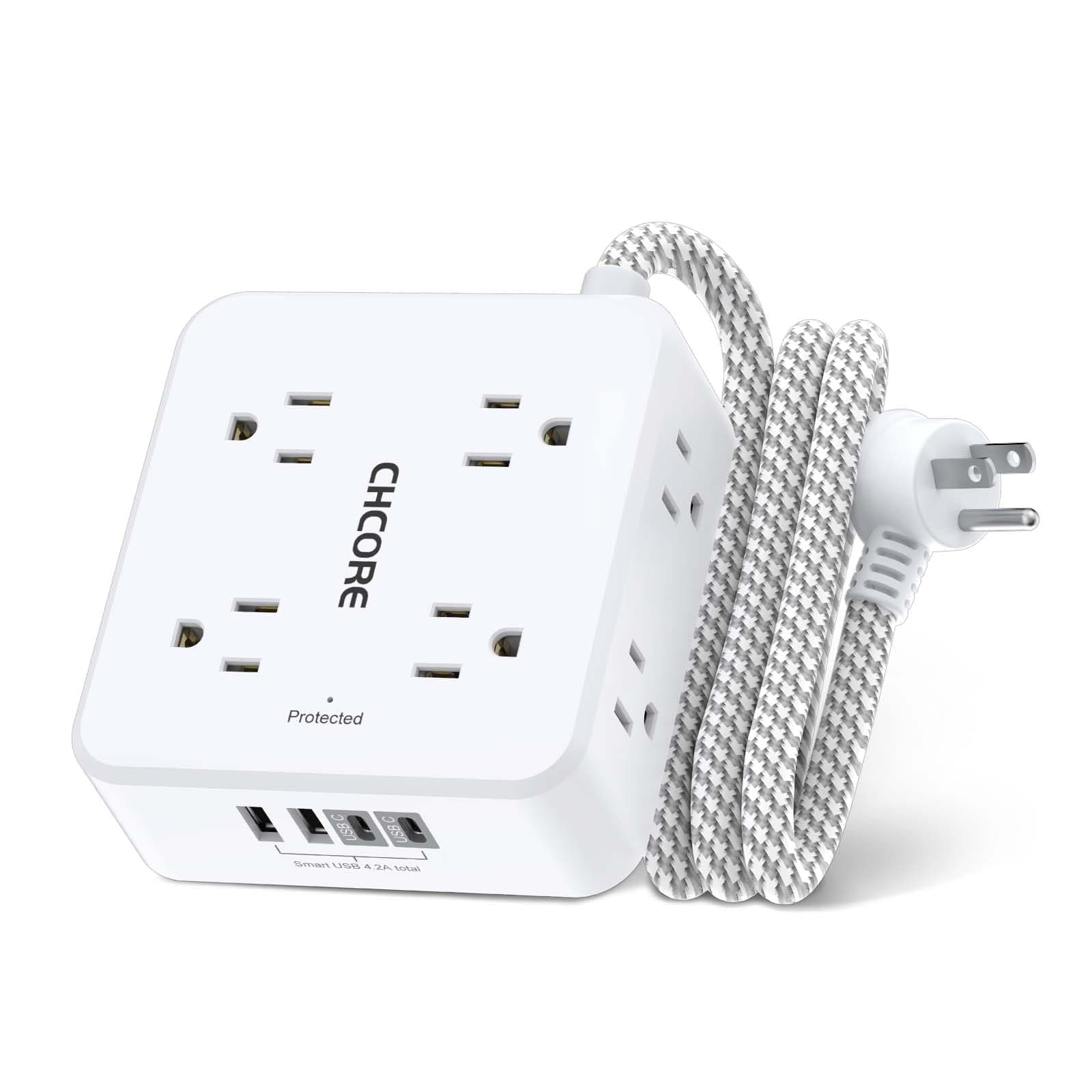 Surge Protector Power Strip - CHCORE 5Ft Braided Extension Cord with 8 Outlets with 4 USB (2 USB C) Charging Ports, Flat Plug Multi Plug Outlet Extender Charging Station for Home Office, ETL, White 5Ft-Braided Cord White