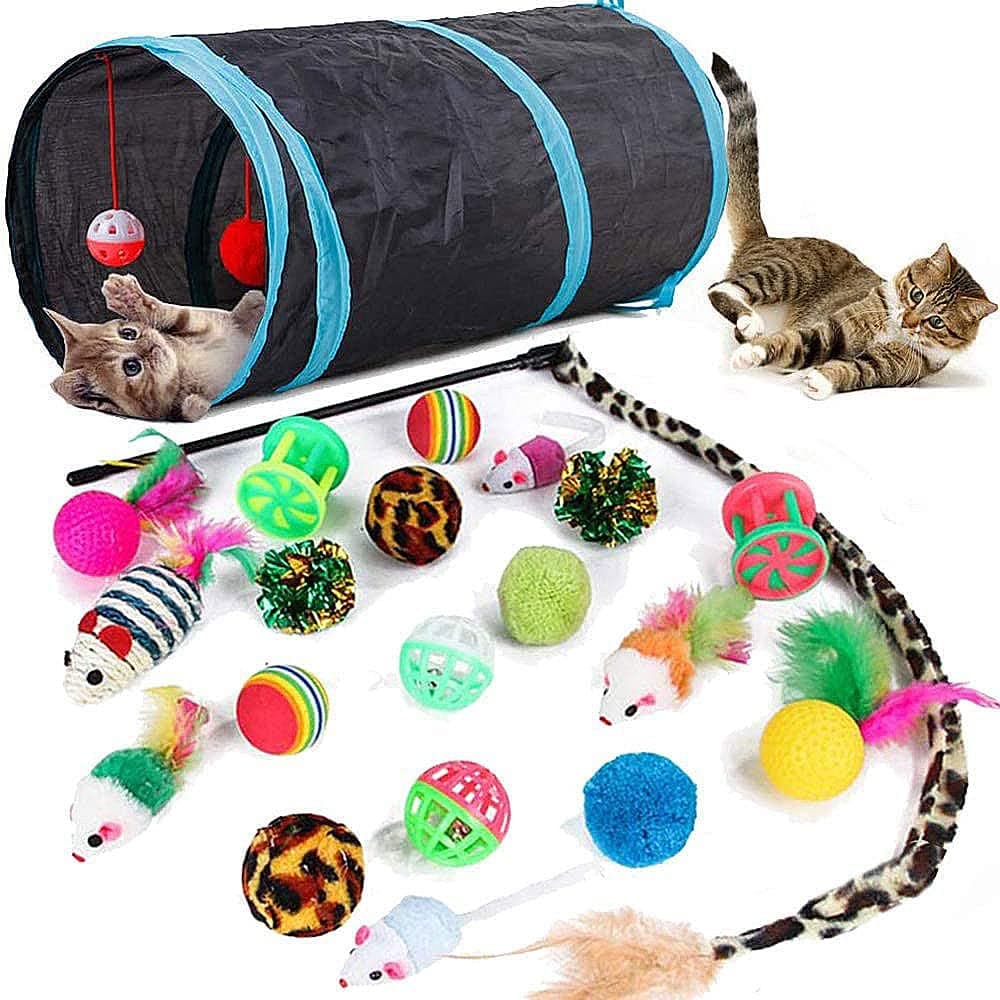 21 Pcs Cat Toys for Indoor Cats Collapsible Cat Tunnel Interactive Feather Teaser Wand Ball Toy for Kitten Cats Black