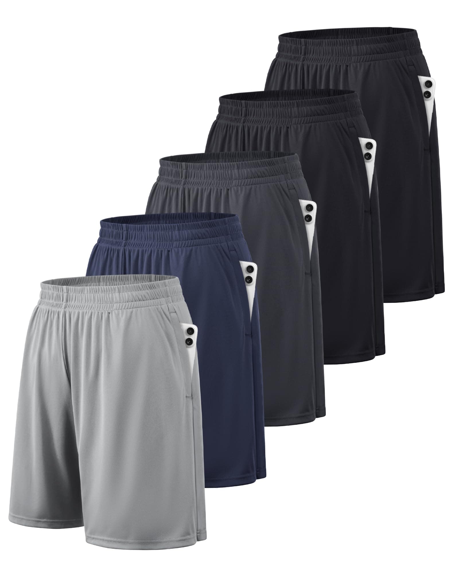 BALENNZ Athletic Shorts for Men with Pockets and Elastic Waistband Quick Dry Activewear Large 5 Pack Black, Black, Navy, Dark Grey, Light Grey