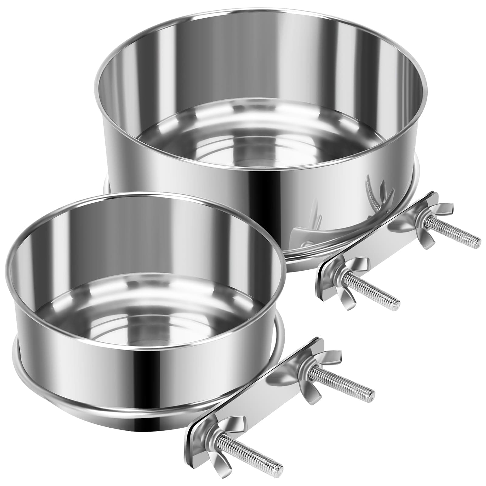 2 Pcs Small Pet Dog Food Water Bowl for Cage Stainless Steel Non-Spill Kennel Hanging Cats Pets Bowls with Clamp Holder Crate Feeder Dish for Small Dogs Pets (4.7x1.9'' & 3.9x1.7'') XS (19 & 12 OZ) Silver