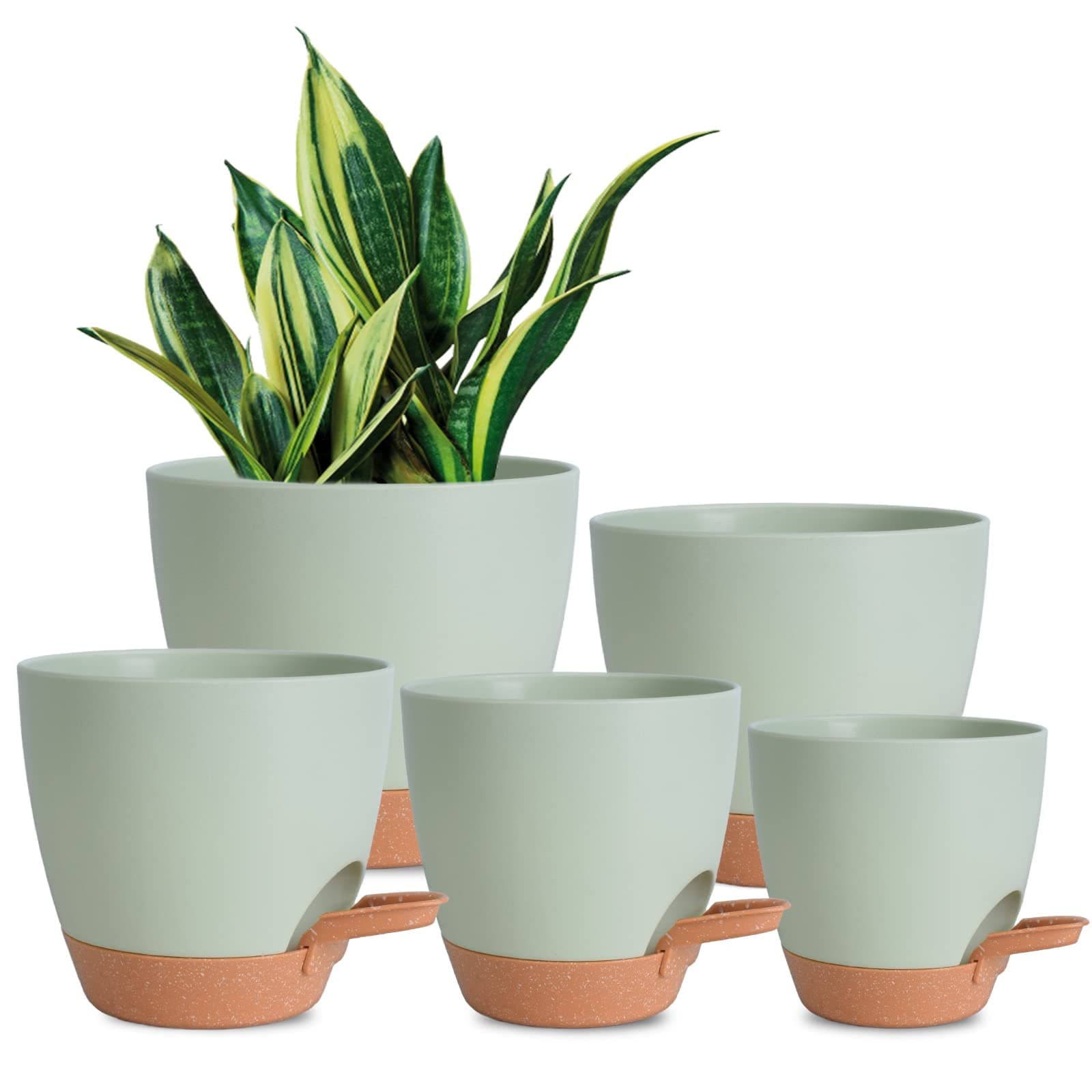 Plant Pots Indoor 7/6.5/6/5.5/5 Inch Self Watering Planters for Indoor Plants with Drainage Hole, Plastic Flower Pots for Succulents, African Violet (Green) Green-5pack 7/6.5/6/5.5/5 inch