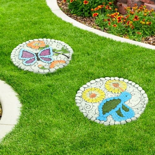 Garden Stepping Stones Set of 2 Butterfly Outdoor Garden Decor 10 inch Round Decorative Stones Pavers for Garden Walkway Landscaping, Hummingbird Gifts (N6-YYD334)