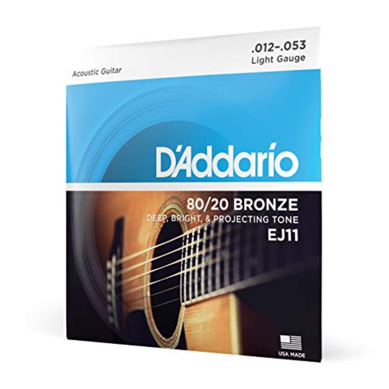 Cuerdas para Guitarra Acústica D'Addario, 80/20 Bronze, EJ11, Calibre Ligero 12-53, Juego de 6 Cuerdas, Paquete de 1