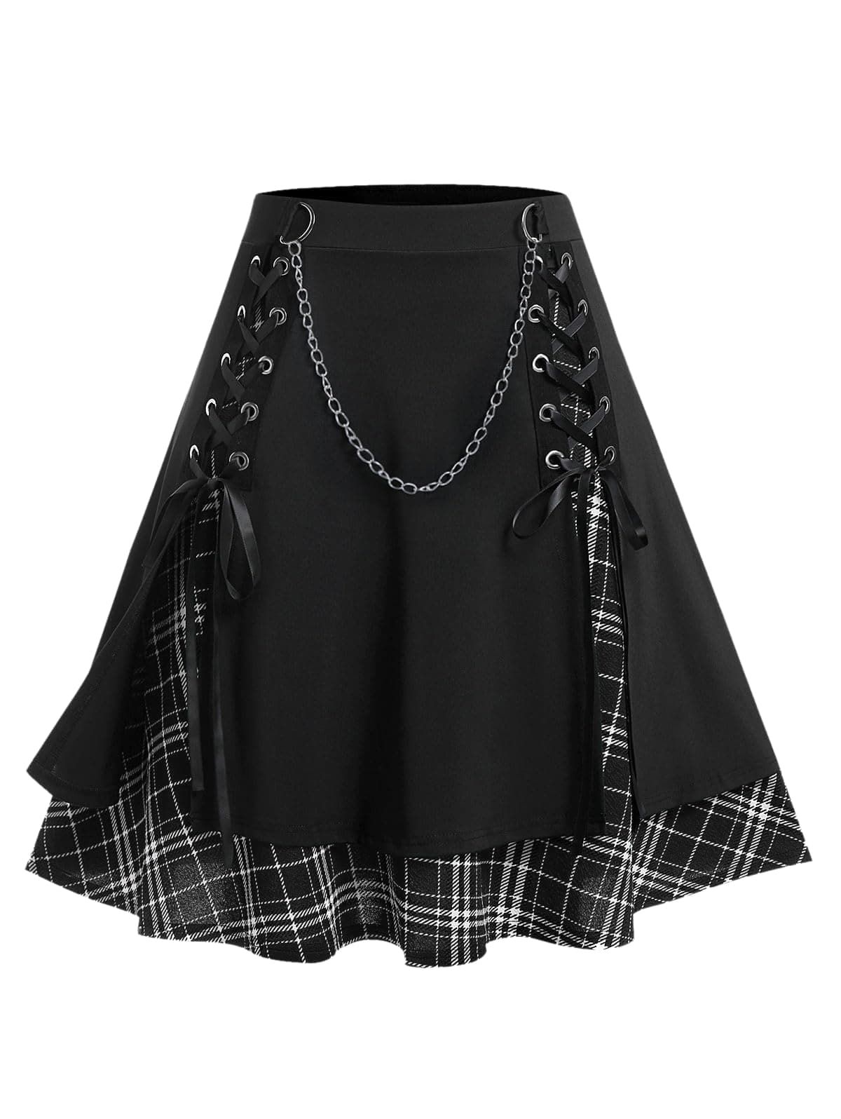 ROSE GAL Women's Plus Size Mini A-Line Gothic Skirt Casual Plain Chain Detail High Waisted Short Stitching Plaid Pleated Black 1X