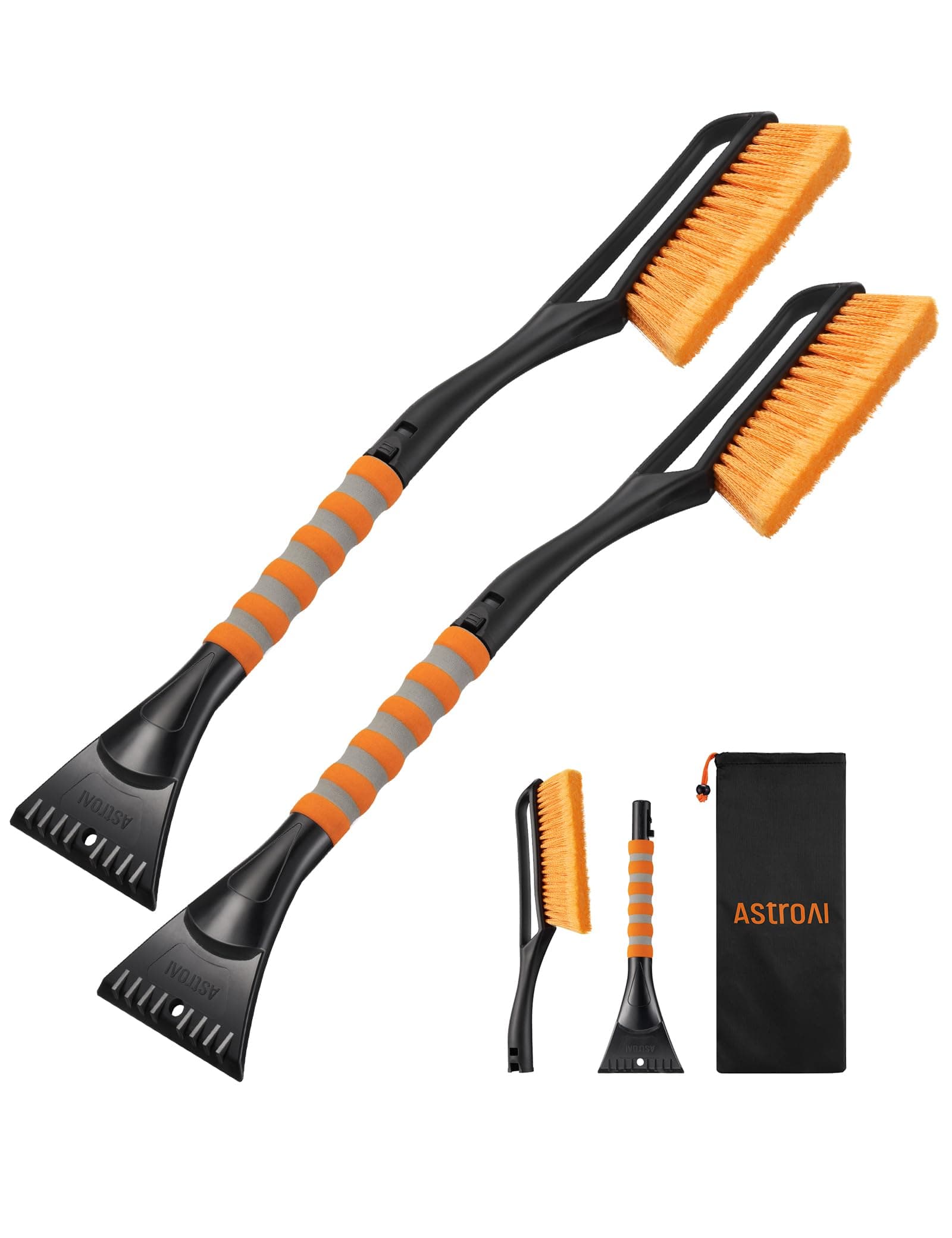 AstroAI 2 Pack 27" Snow Brush and Ice Scrapers for Car Windshield, Detachable Snow Scrapers with Ergonomic Foam Grip for Cars, Trucks, SUVs (Heavy Duty ABS, PVC Brush, Orange)